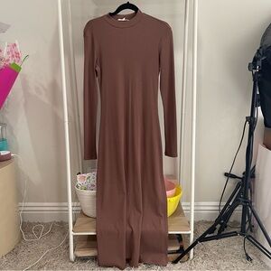 Et Clet Long Boho Turtleneck Ribbed Long Sleeve Dress in Brown Size Medium